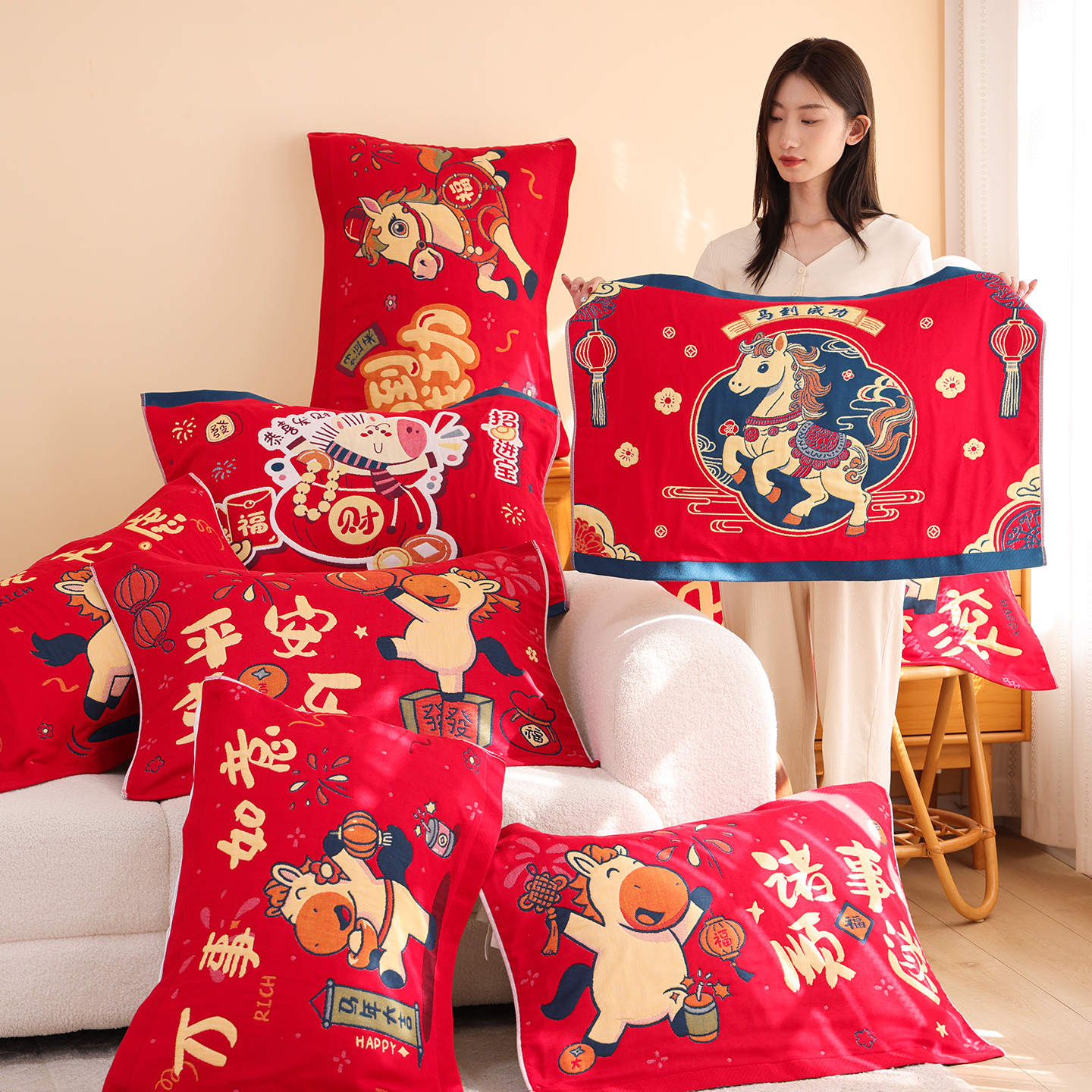 八层纯棉纱布枕巾一对装2026新年款喜庆枕巾马年防滑全棉枕头盖巾