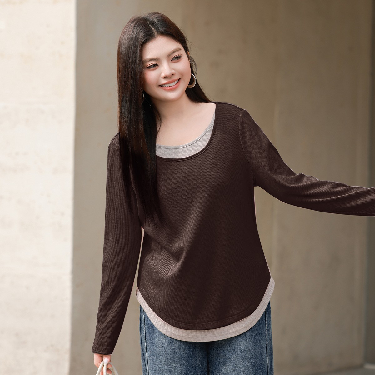 【现货假两件针织衫】MsShe大码女2025打底衫长袖T恤上衣M2501010