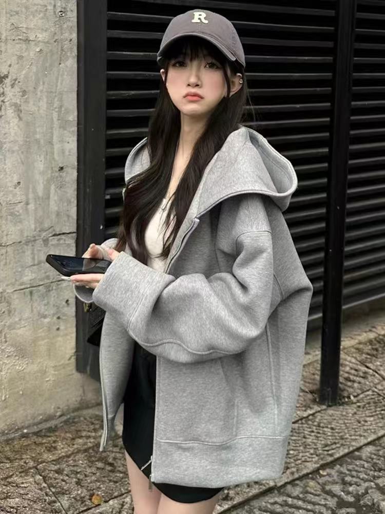 浅灰色加绒重磅开衫卫衣男女2025春秋款美式cleanfit慵懒连帽外套