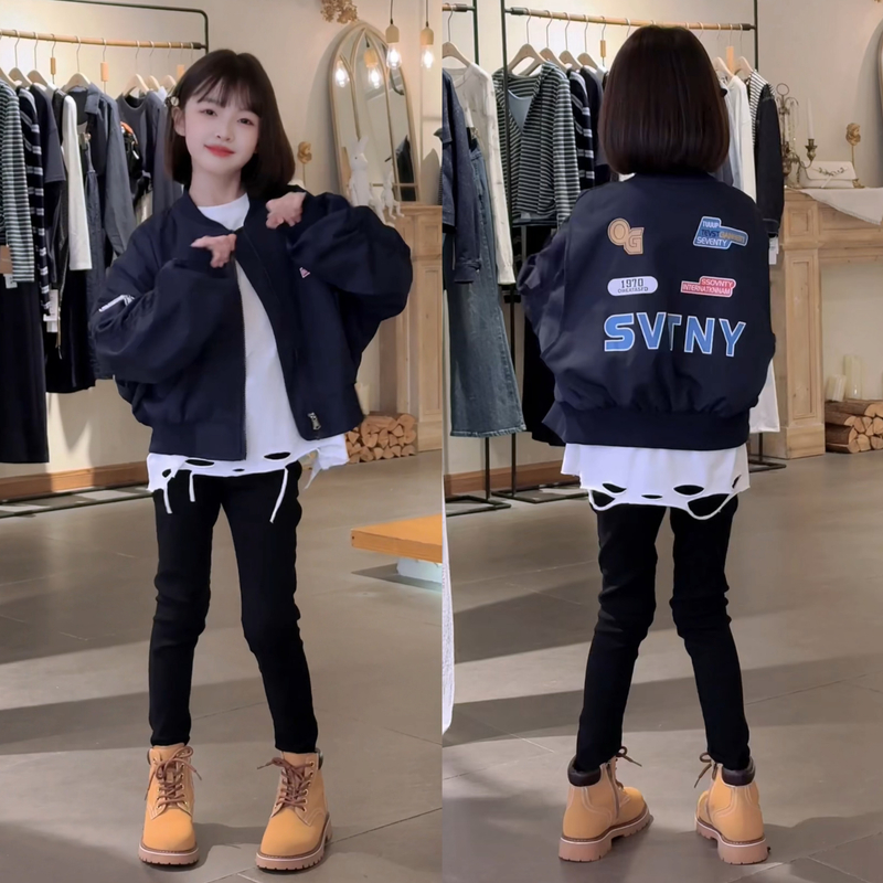 女童套装秋季新款韩系时髦抽褶字母棒球服破洞纯色打底铅笔裤三件