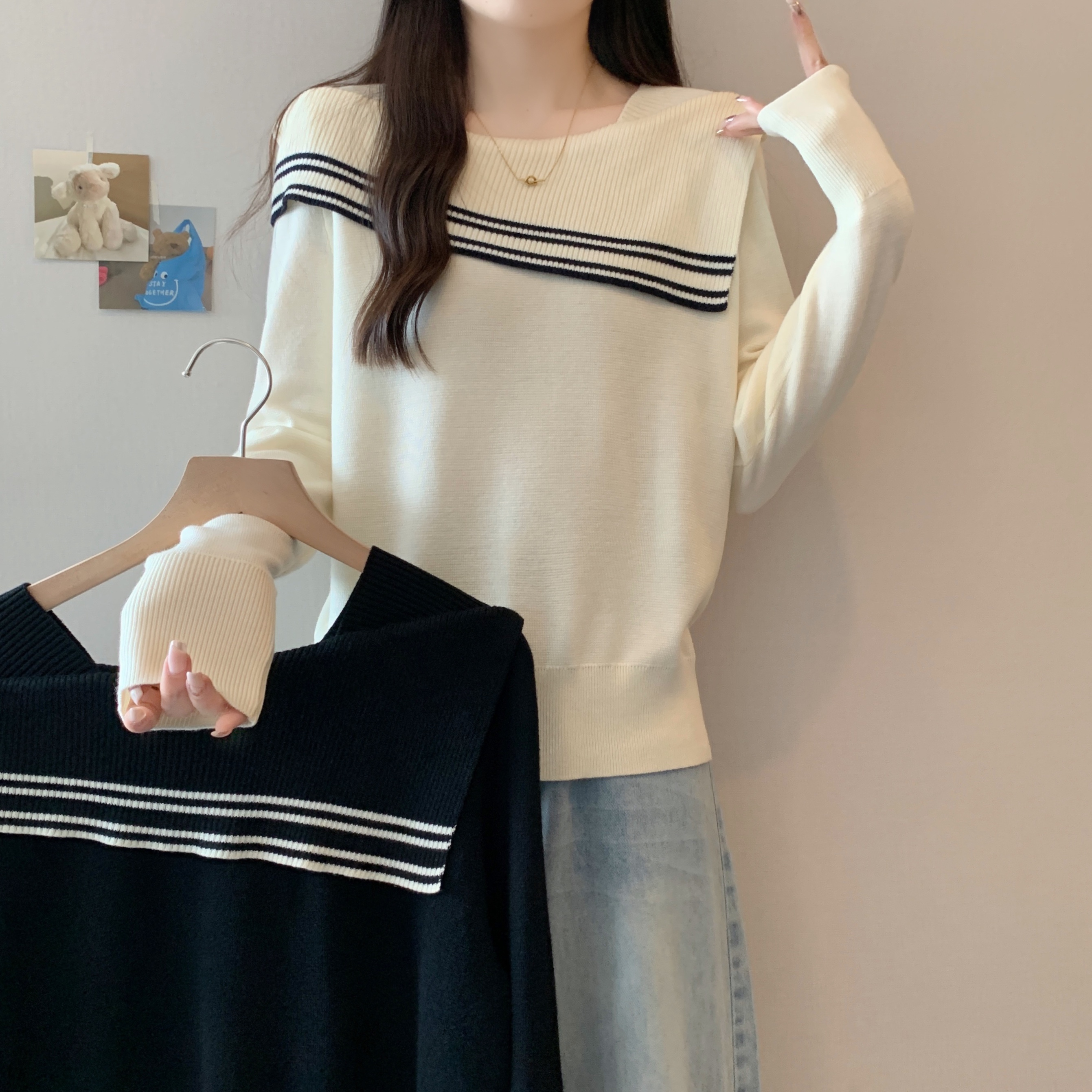 撞色设计感大码微胖mm针织衫女2025新款秋季宽松显瘦减龄长袖上衣