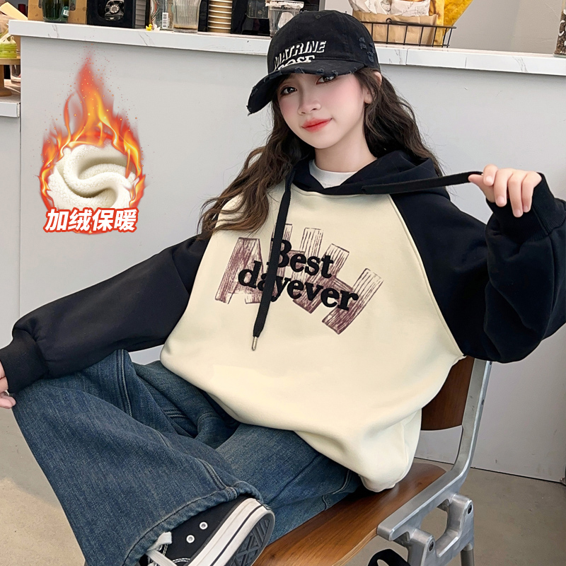 女童卫衣秋冬款2025新款中大童洋气秋装拼色加绒上衣女孩洋气上衣