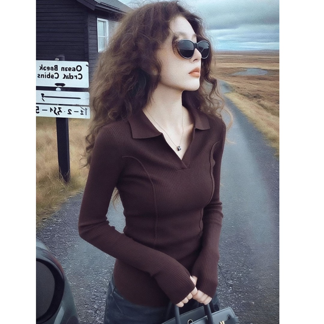 【特惠】法式咖色polo衫翻领针织打底衫女秋冬高级感内搭长袖上衣潮