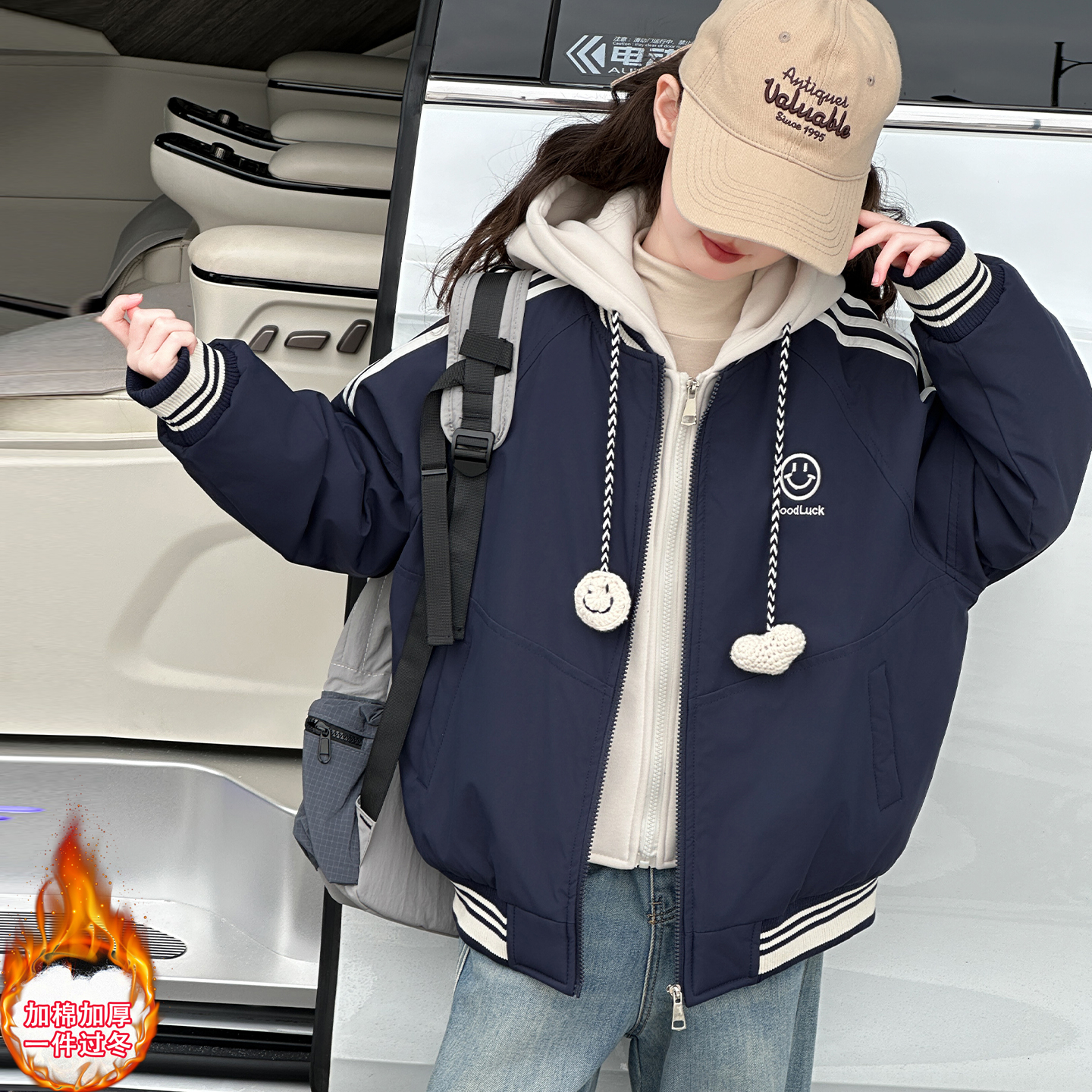 女童加绒假两件棉服外套女孩大童学生冬季保暖加厚外套儿童百搭潮