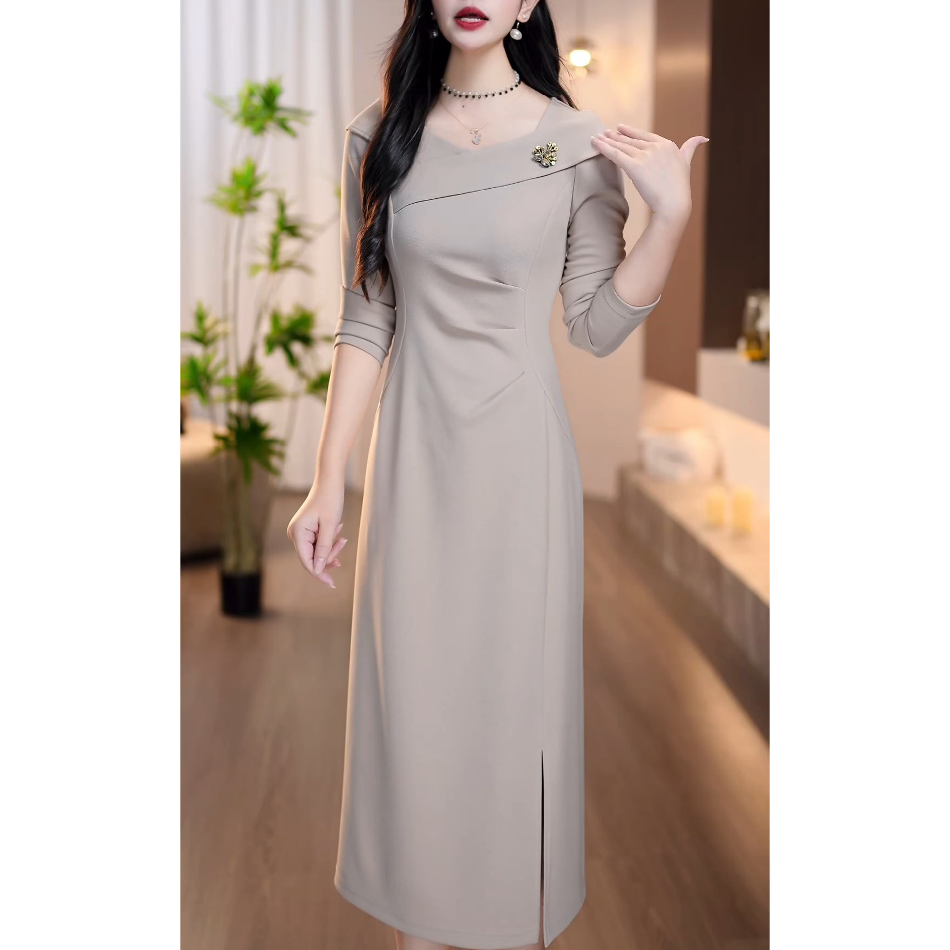 秋季新款时尚气质开叉设计感长袖裙子洋气收腰显瘦中长款连衣裙女