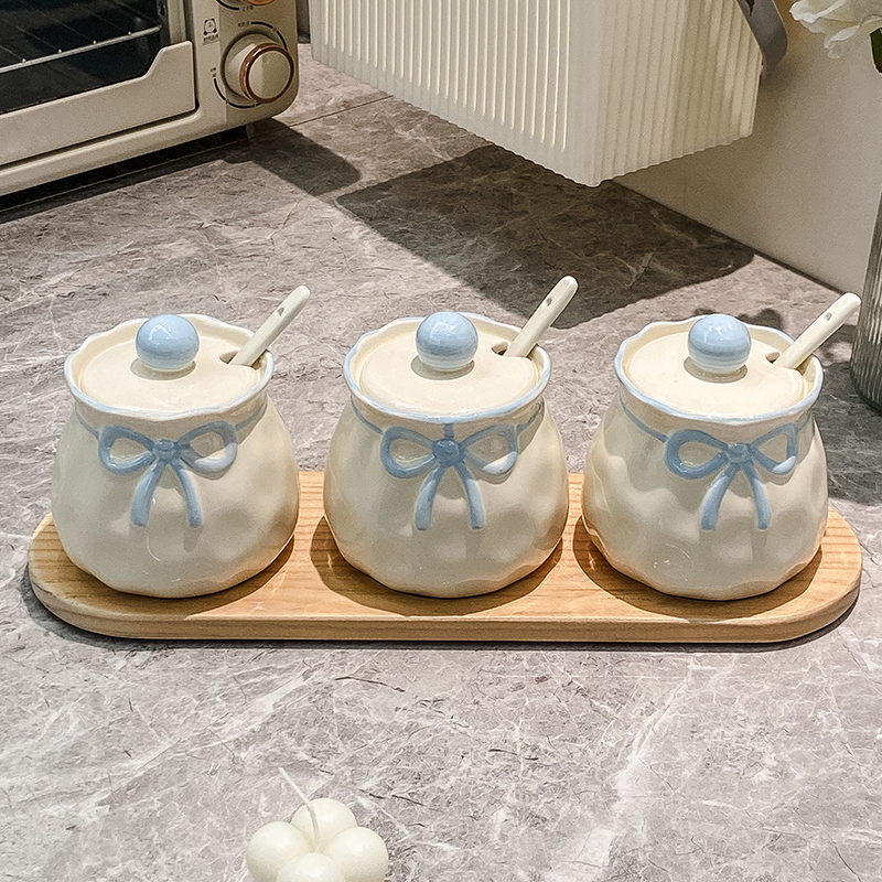 蝴蝶结陶瓷调味罐盐罐厨房家用味精糖辣椒调料瓶高颜值收纳盒套装