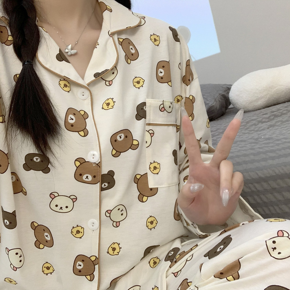 轻松熊情侣睡衣女春秋季新款纯棉长袖可爱学生大码男士家居服套装