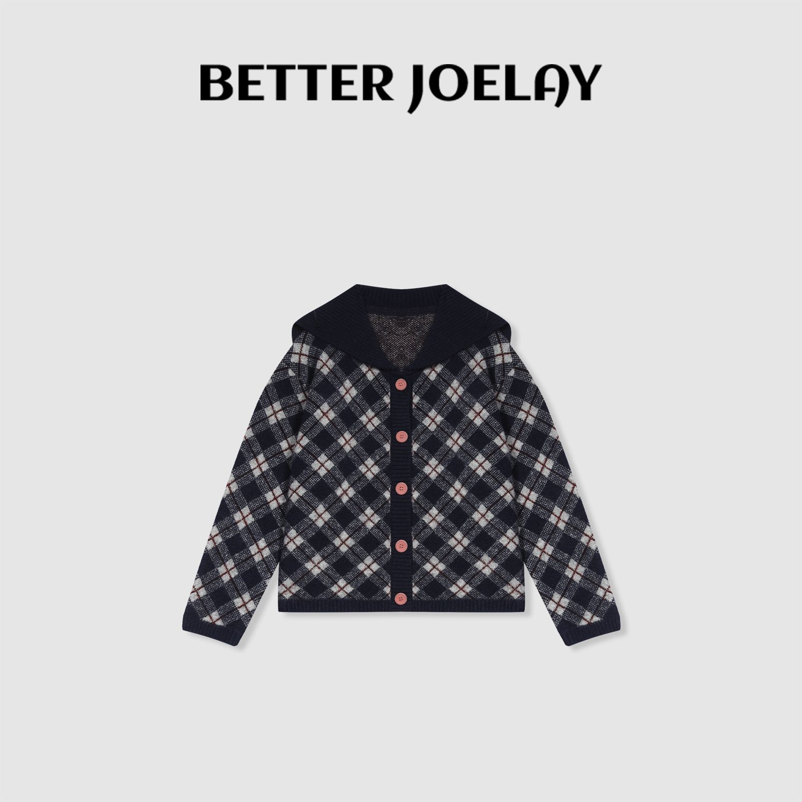 BETTER JOELAY-【粉扣格纹】羊毛开衫针织衫圆领温柔韩版LL6228