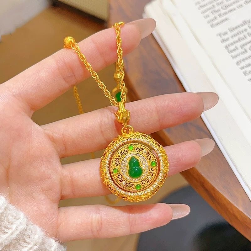 铜合金项链 新中式点钻花丝平安扣葫芦罗盘项链可旋转罗盘项链女