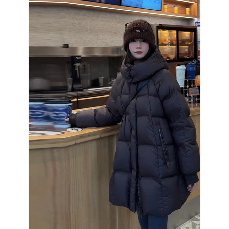 黑色羽绒服女中长款加厚小个子冬2025新款中款连帽面包服网红外套