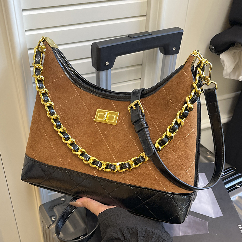 复古撞色麂皮绒托特包包女2025新款时尚高级斜挎包通勤单肩腋下包