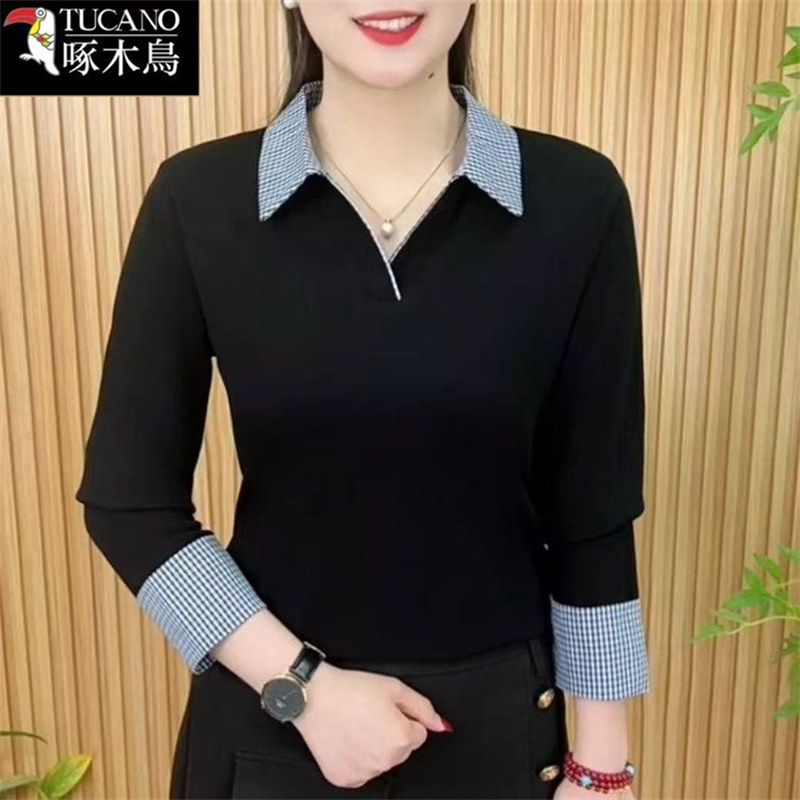啄木鸟2025新款翻领宽松显瘦洋气t恤女春秋设计感长袖假两件上衣