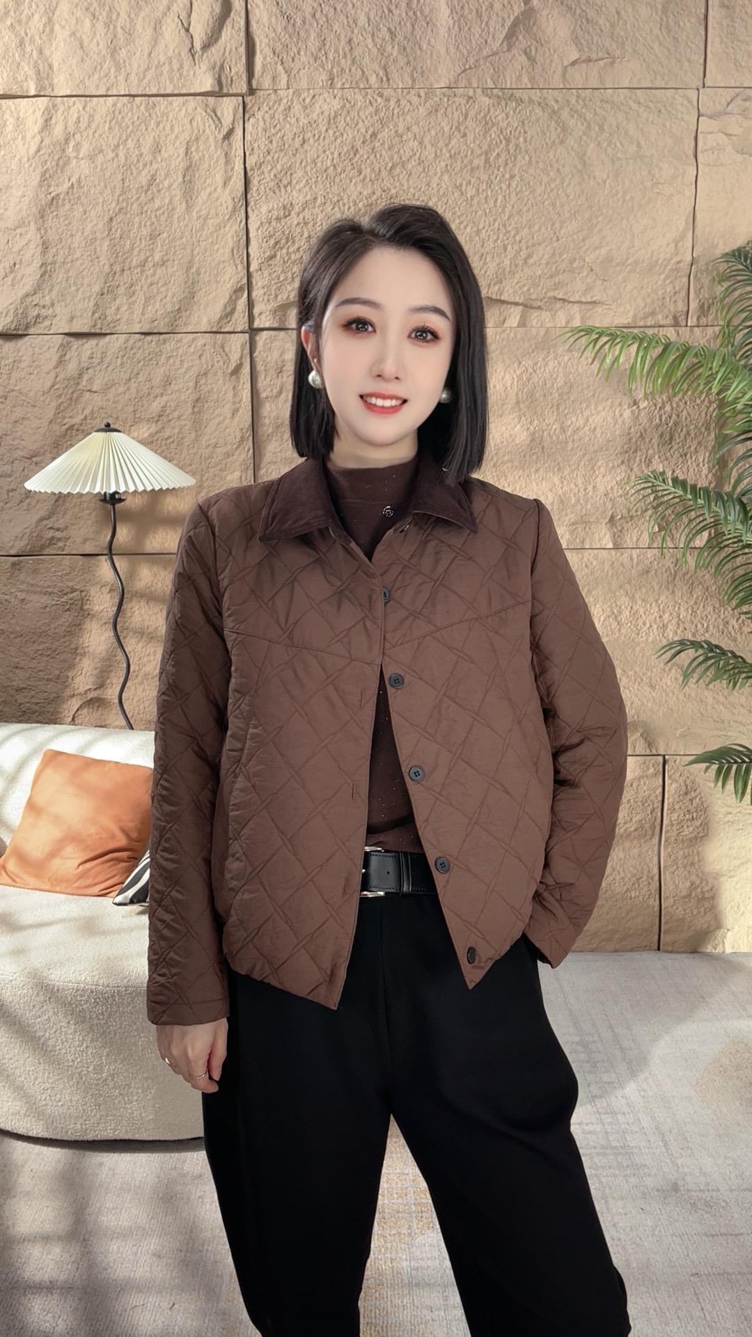 秋冬轻薄款棉衣夹棉时尚衬衫领上衣女显瘦打格菱格女棉衣气质外套
