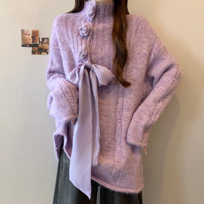 高级感时尚气质大码胖mm秋冬新款过红色蝴蝶结长袖套头上衣毛衣潮