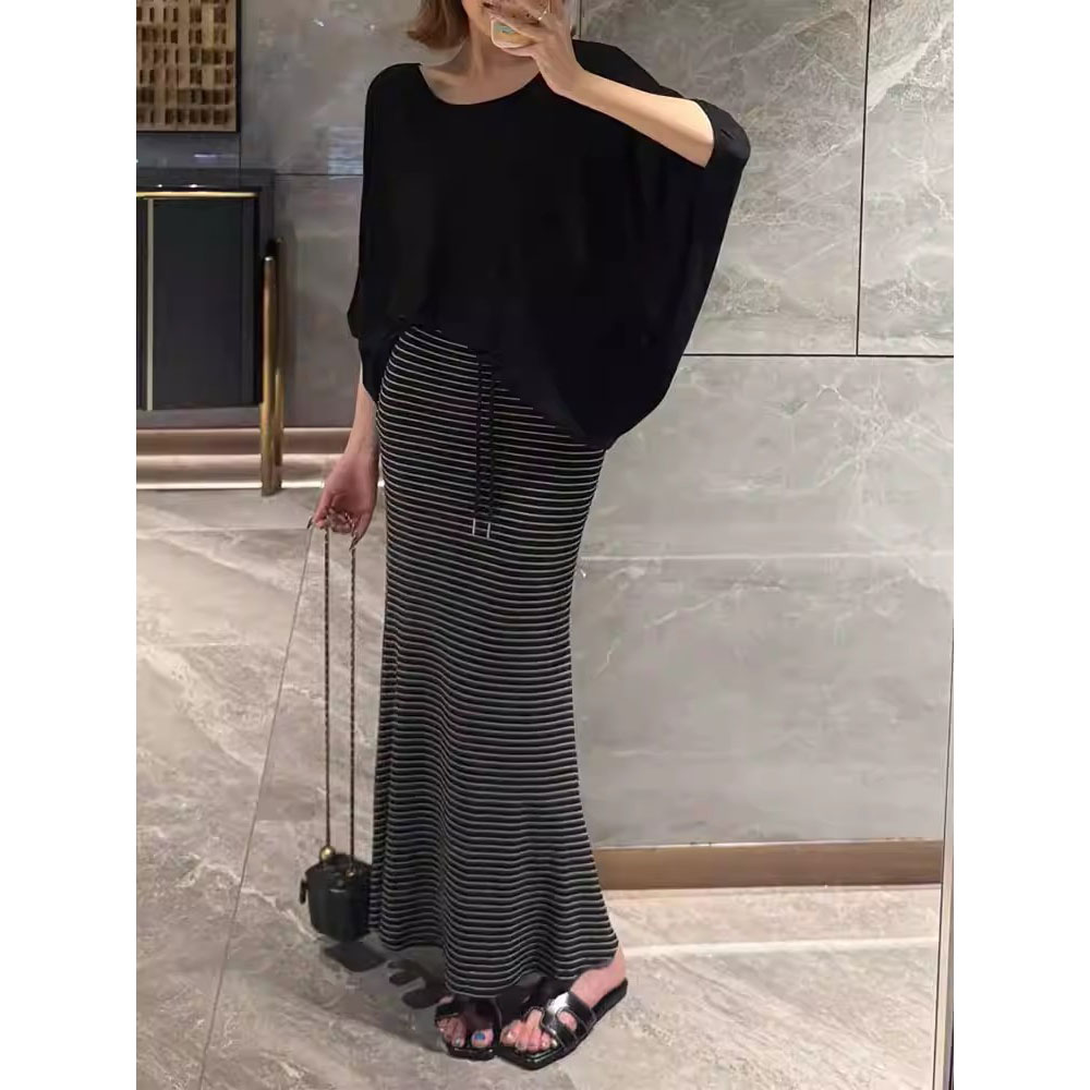 【现货】加长版韩系条纹包臀半身裙女2025夏季新款修身纯欲鱼尾长裙