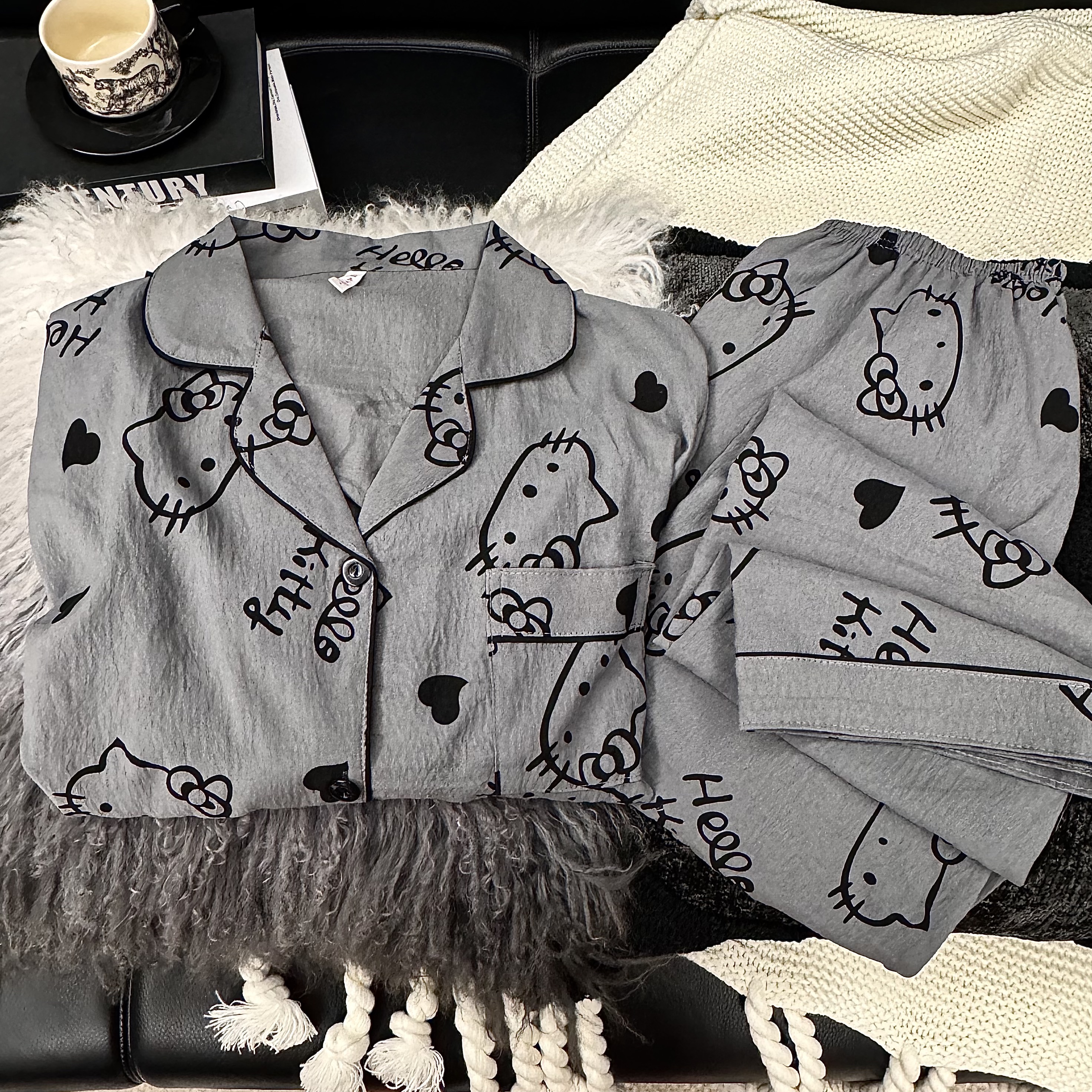 【长袖爱心灰KT】春秋款爱心云朵绵卡通韩版KT猫睡衣女家居服套装