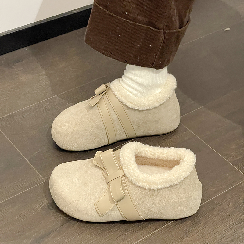 OJRZ厚底增高加绒保暖勃肯鞋女单鞋2025新款冬雪地靴乐福鞋蝴蝶结