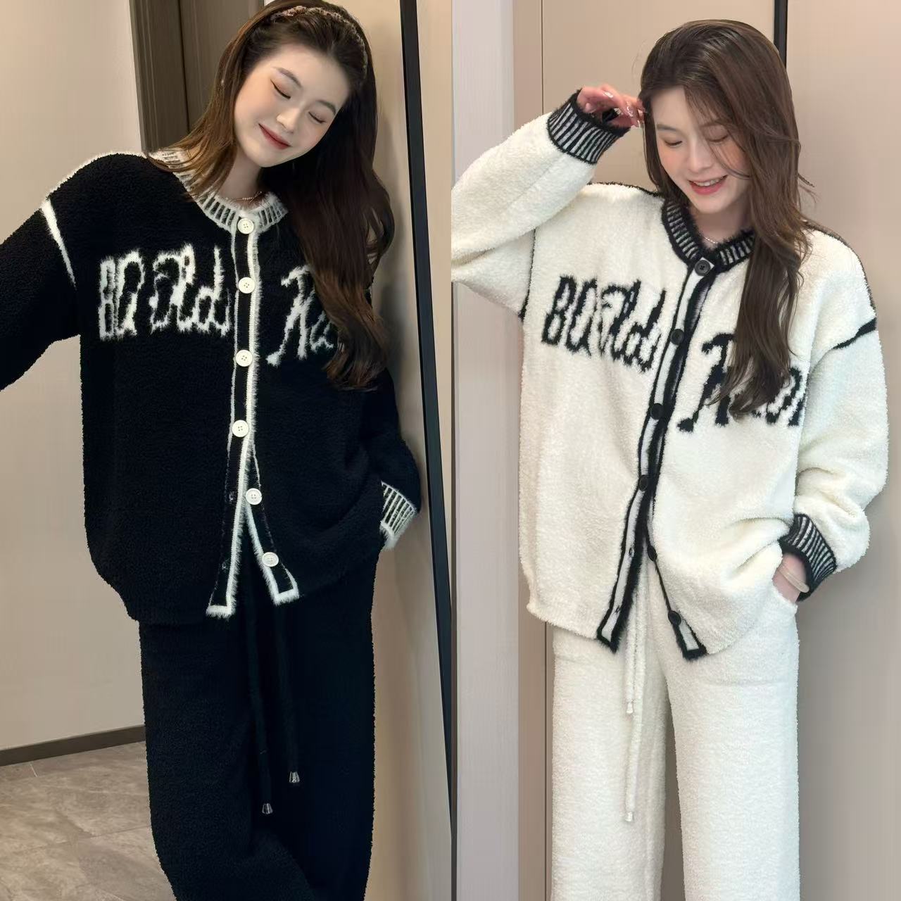 黑白字母百搭休闲家居服睡衣套装半边绒秋冬上新情侣款保温保暖