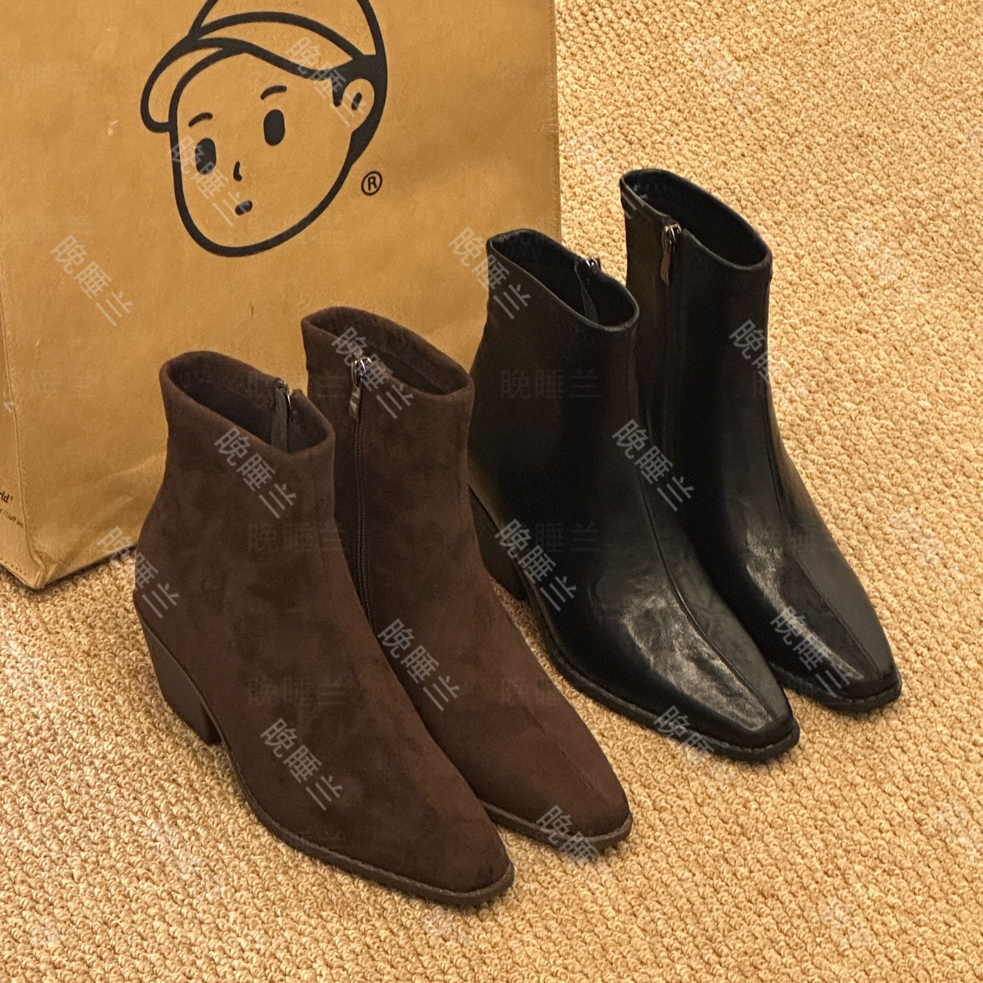 晚睡兰·内增高9cm粗跟短靴2025秋冬侧拉链小个子不累脚瘦瘦靴女