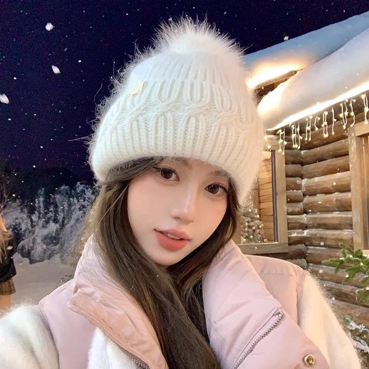 东北防寒拍照出片!白色狐狸毛球毛线帽子女冬保暖针织冷帽