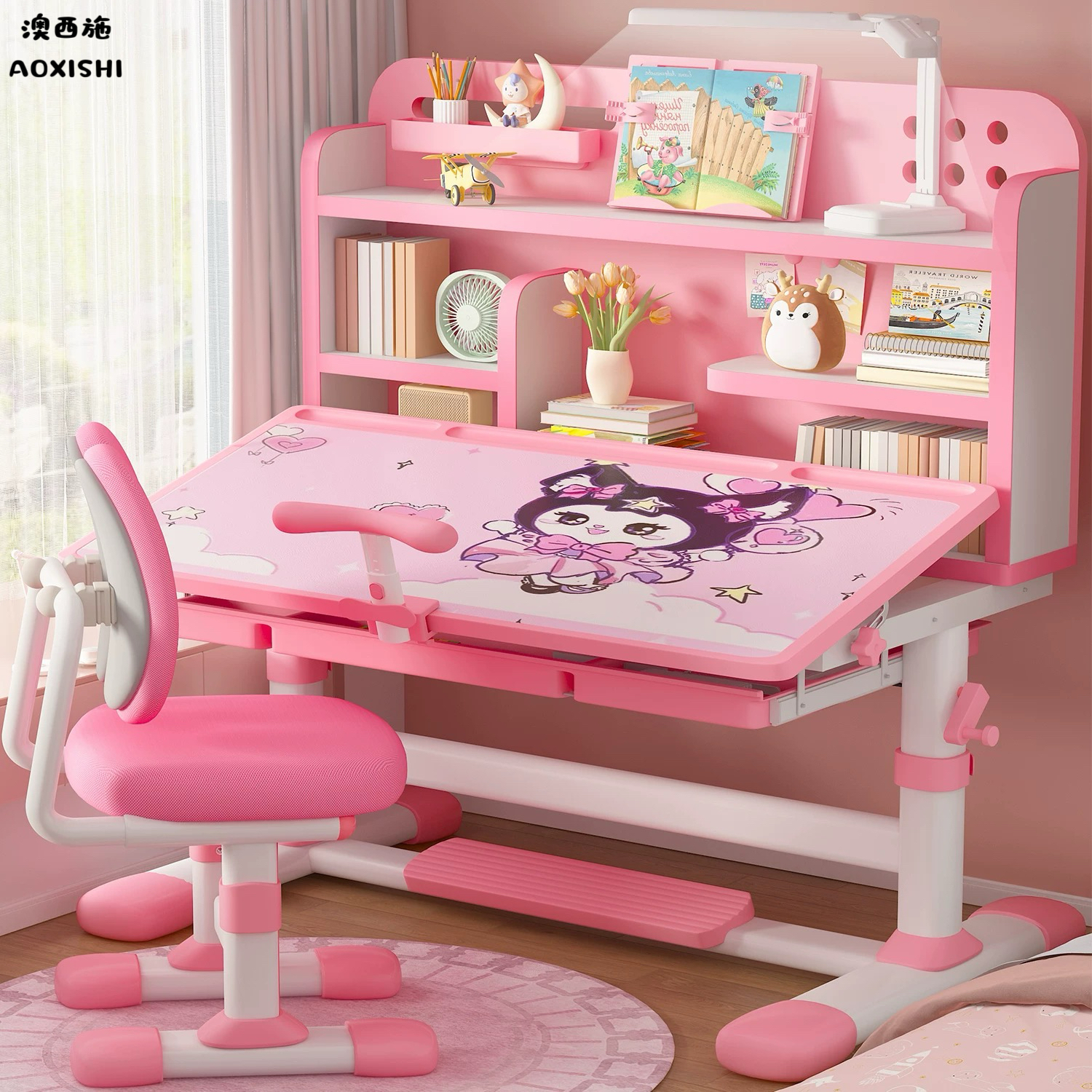 澳西施儿童学习桌学生家用写字书桌小孩桌子升降桌椅套装带护眼灯