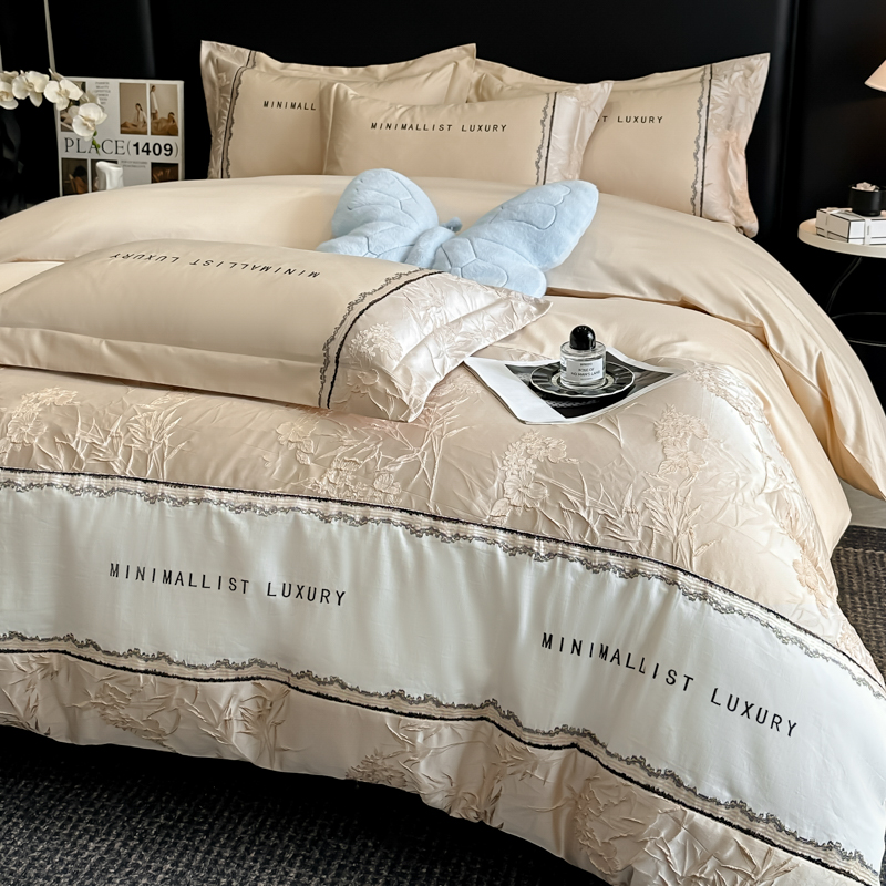 富安娜秋冬新款浮雕拼接四件套柔软裸睡床单被套纯棉高端床上用品