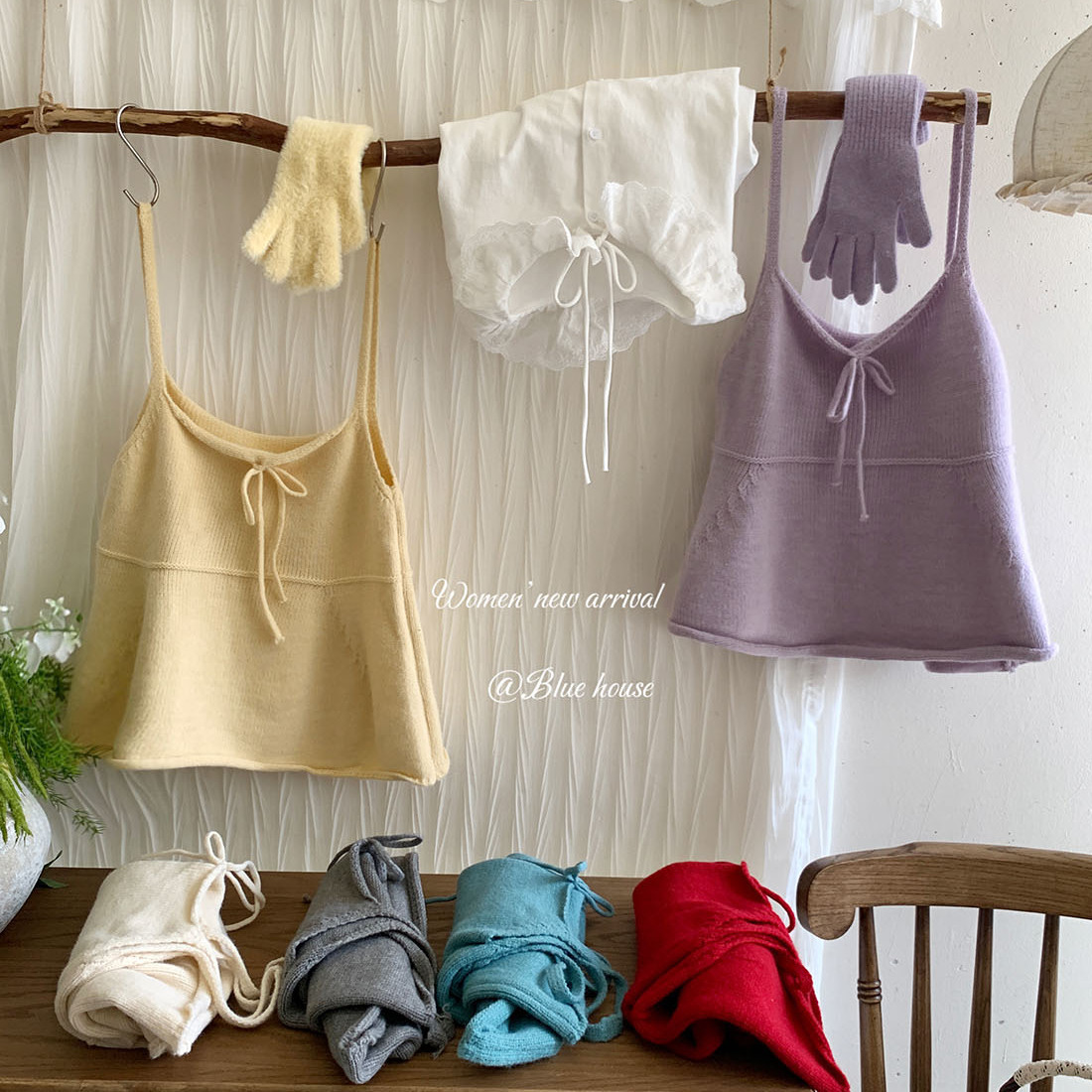 甜美可爱减龄系带蝴蝶结吊带背心女早秋卷边宽松裙摆针织毛衣马甲