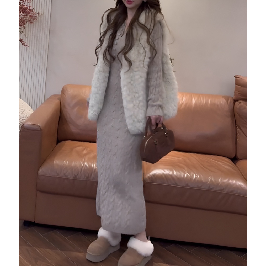 【轻熟主义】韩系知性优雅修身单扣针织包臀连衣裙毛毛马甲背心套装