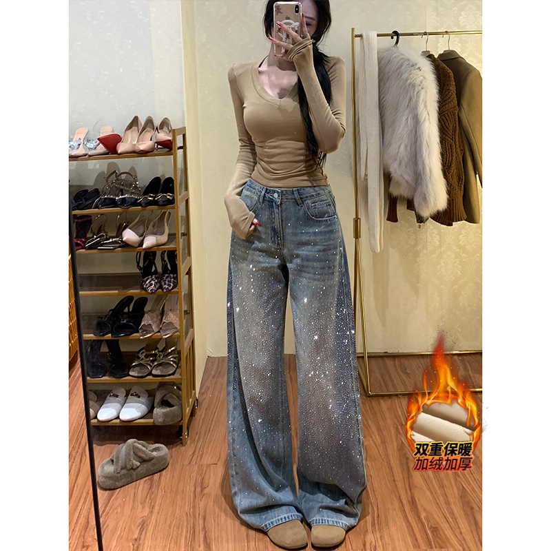 闪闪亮钻加绒阔腿牛仔裤女2025年冬季新款高腰宽松显瘦百搭堆堆裤