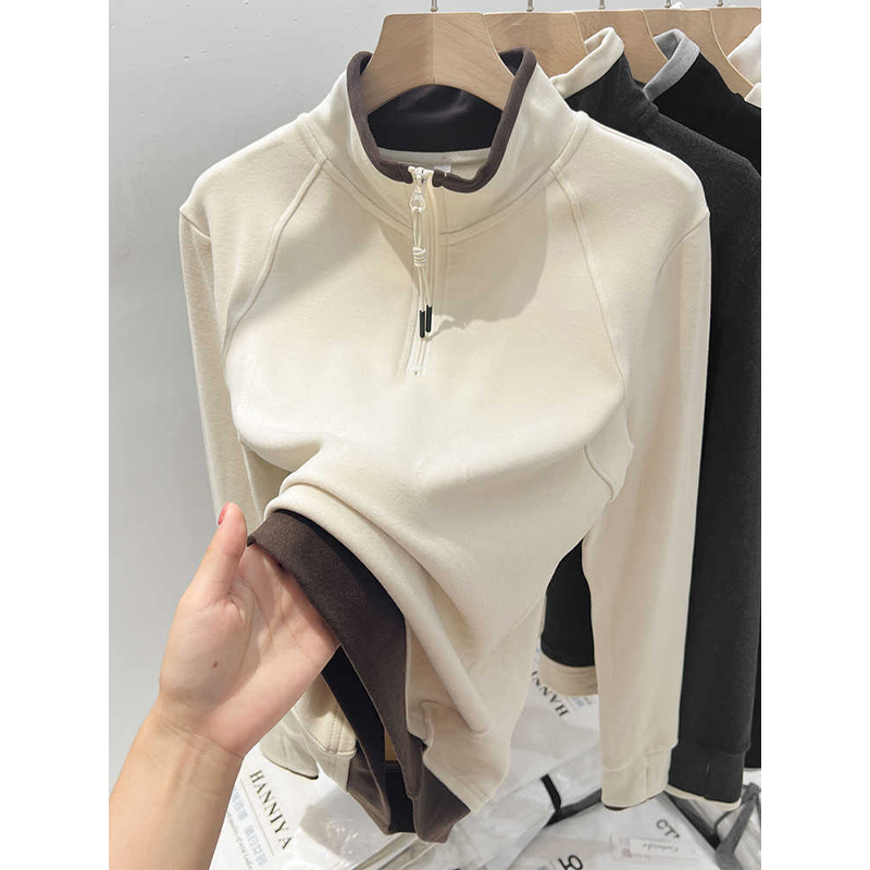 德绒打底衫上衣女2025秋冬新款撞色半拉链设计感半高领显瘦上衣女