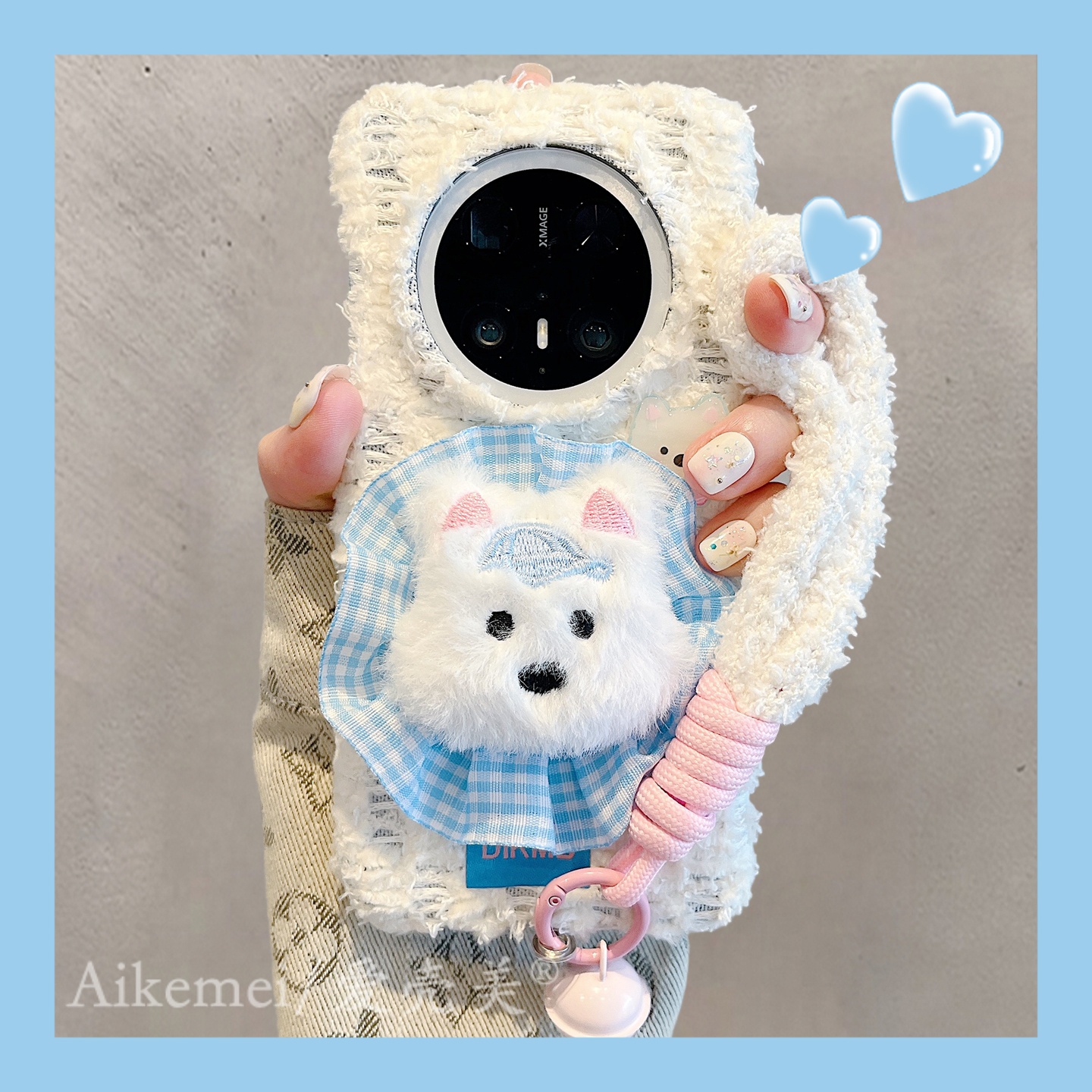 适用华为mate70pro+手机壳白色绒布mate60pro+立体毛绒小狗手绳女