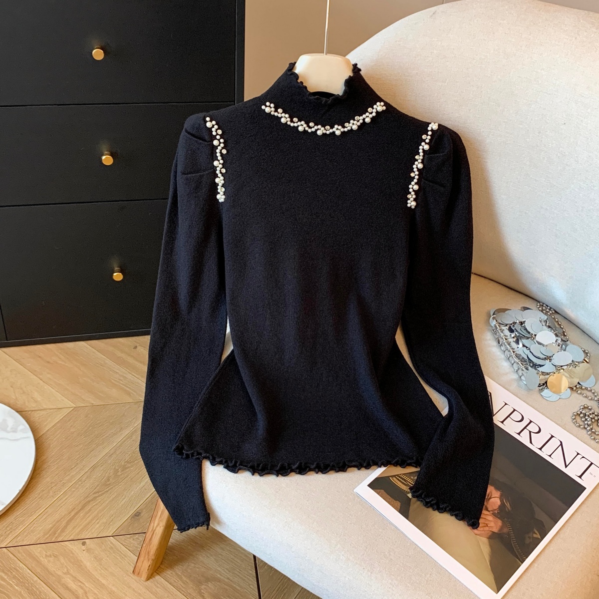 法式木耳边半高领设计感打底衫女2025秋冬小个子宽松内搭上衣毛衣