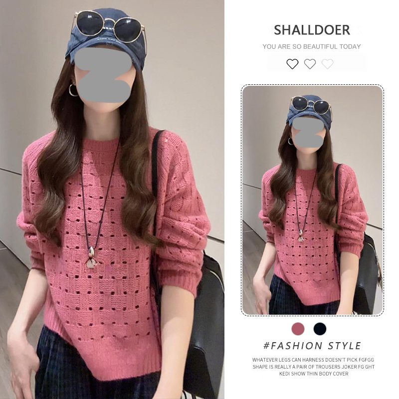 韩系氛围感镂空长袖针织衫毛衣女2026春秋新款宽松显瘦打底衫上衣
