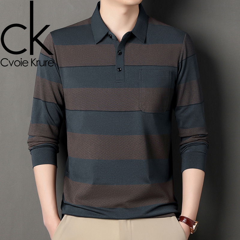 CvoieKrure中老年长袖T恤男装条纹宽松中年男士翻领polo打底衫
