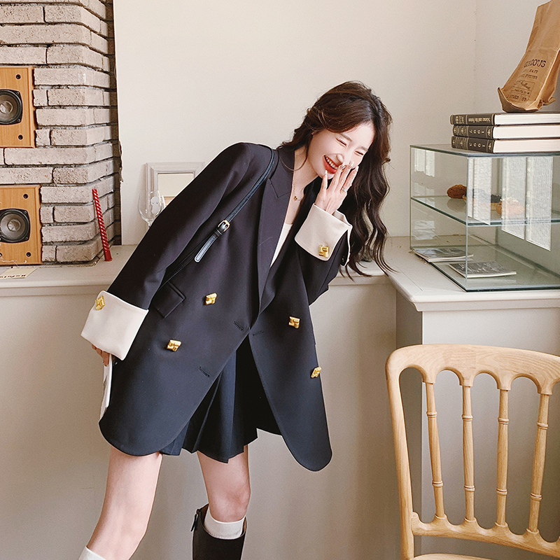 2025春秋新款西装外套女韩版休闲宽松时尚气质小西服上衣撞色黑色