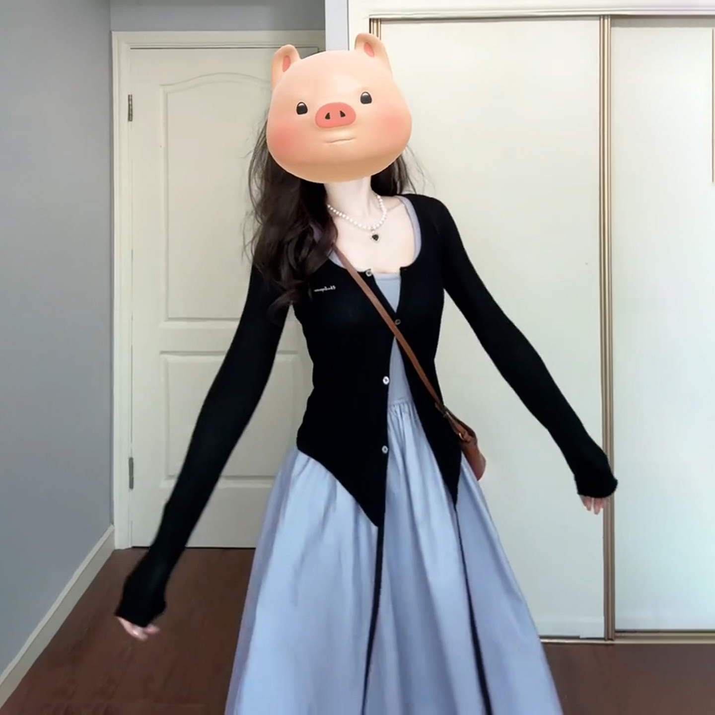 法式高级感蓝色吊带收腰长裙早秋穿搭套装4980