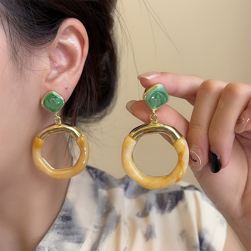 合金亚克力耳饰 撞色几何复古时尚气质耳钉个性简约高级感耳环