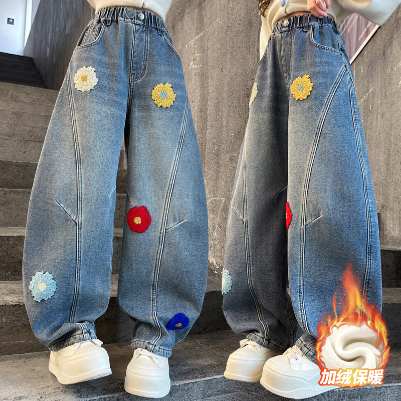女童加绒牛仔裤秋冬新款2025洋气儿童一体绒弯刀裤中大童加厚长裤