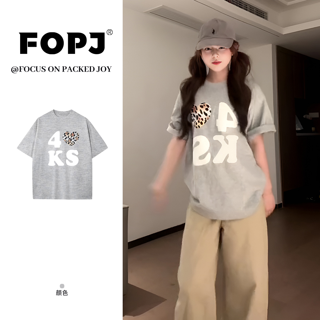 FOPJ美式复古豹纹爱心短袖t恤女夏季学院风宽松百搭圆领半袖上衣