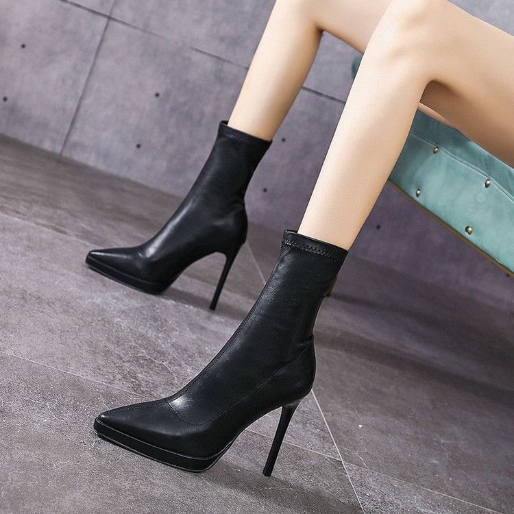 【10厘米】超高跟防水台细跟马丁靴秋冬尖头高跟短靴百搭瘦瘦女靴