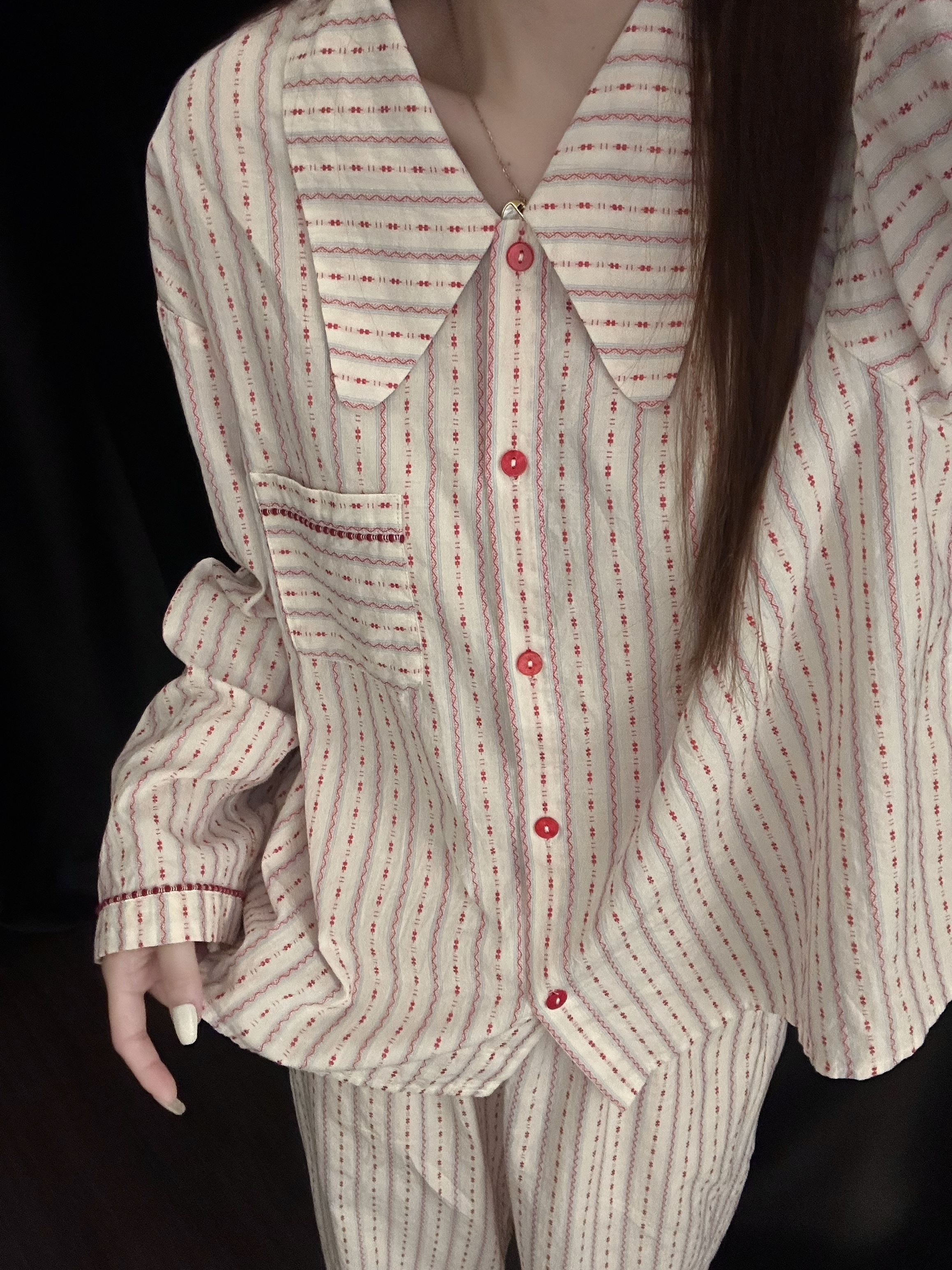 设计感条纹慵懒风睡衣女春秋新款韩版ins风长袖长裤家居服可外穿