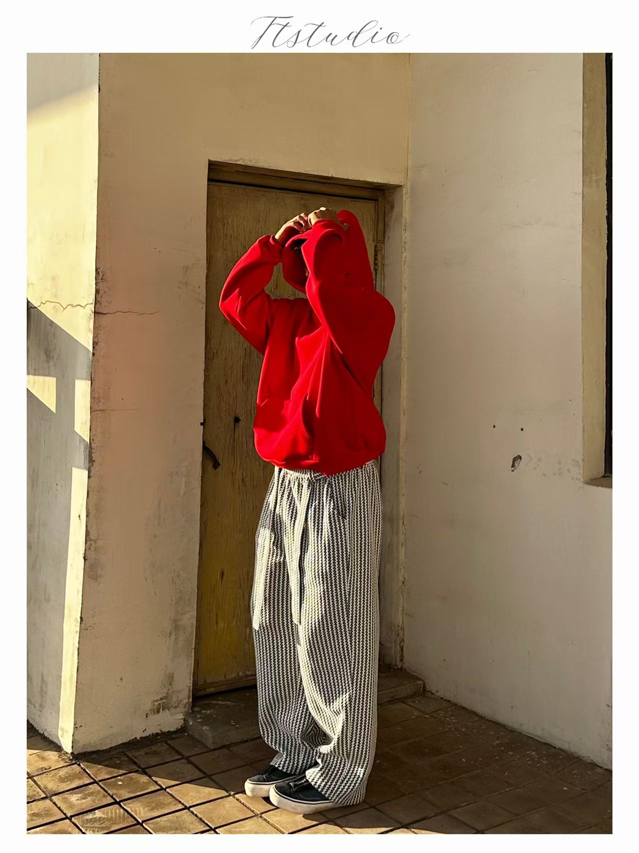 Ttstudio慵懒鱼骨纹路阔飘带加厚一条过冬黑白直筒裤