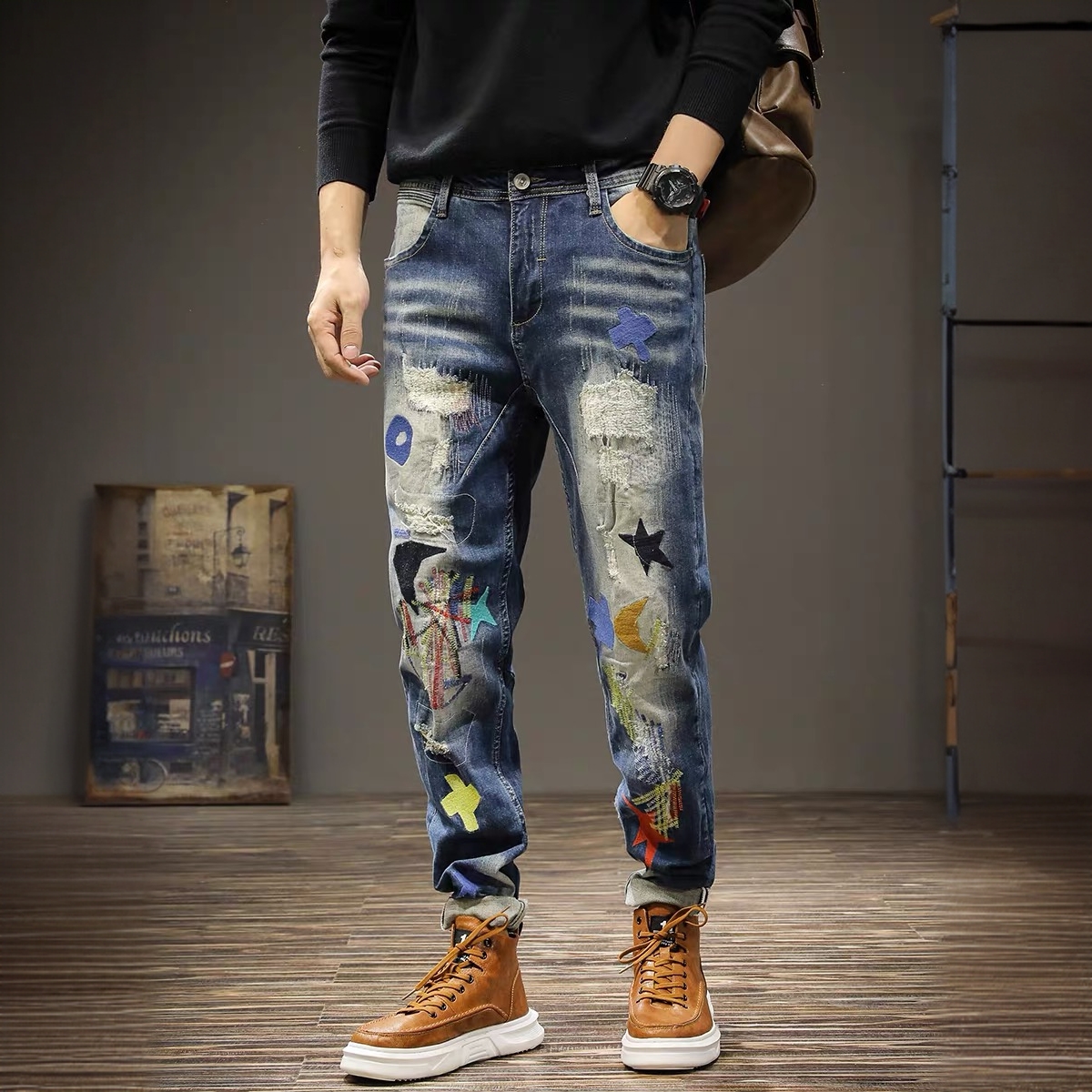 2025春秋季破洞刺绣牛仔裤男士刺绣印花潮流Iins痞帅时尚男牛仔裤