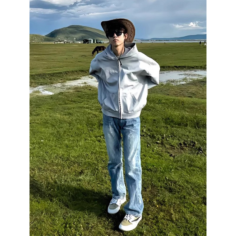 美式cleanfit浅蓝色牛仔裤男款春秋季高腰显瘦vibe裤子微喇直筒裤