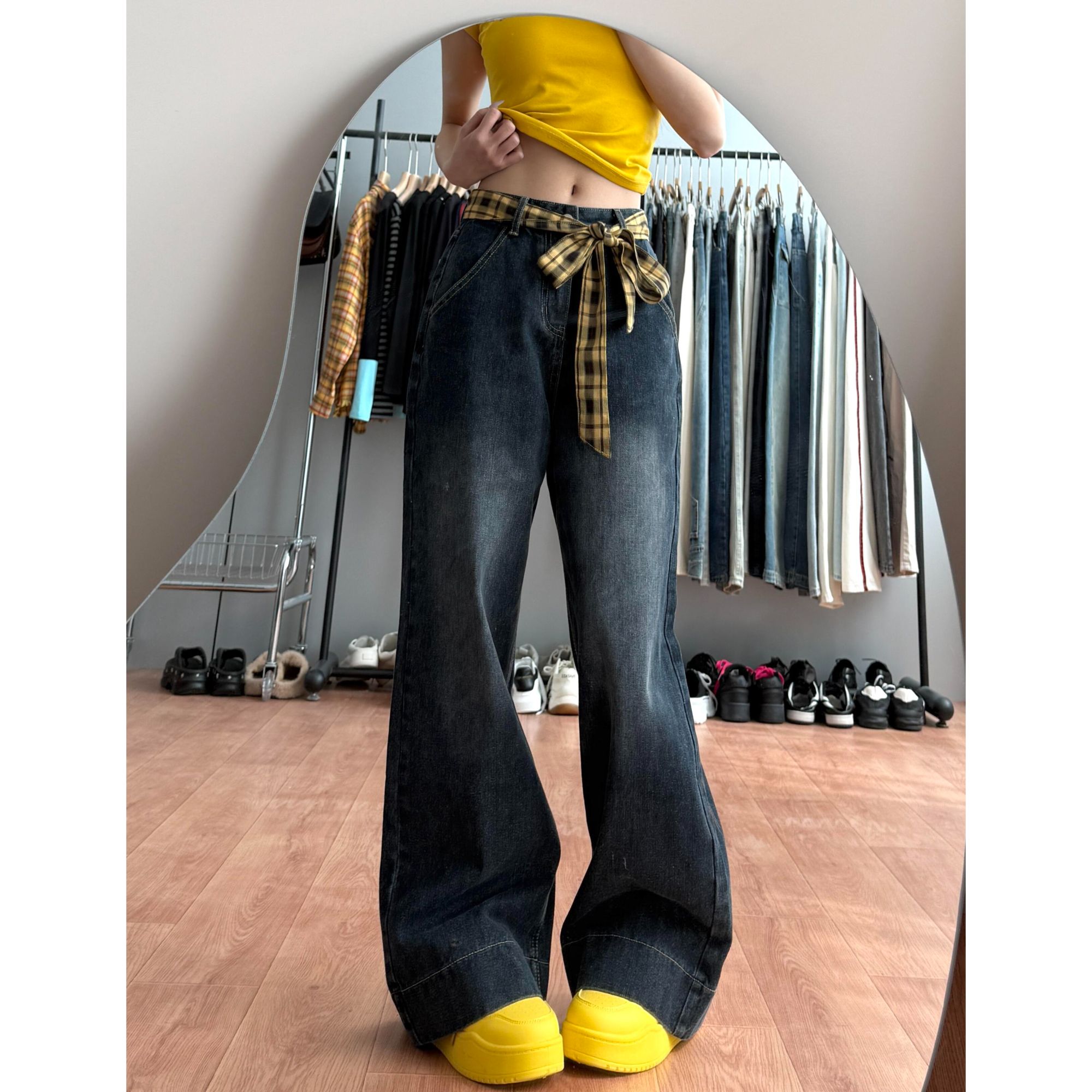 黑灰色高腰显瘦牛仔裤女夏季新款蝴蝶结系带拼接设计垂感直筒长裤