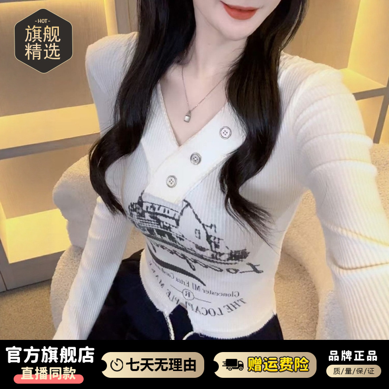 高含棉设计感气质拼色t恤女2025秋冬休闲通勤百搭修身v领长袖上衣