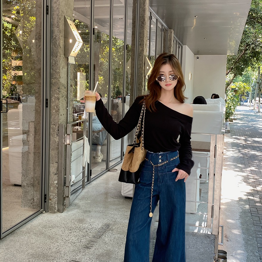 佐佐家小个子 气质简约斜肩修身显瘦长袖T恤春秋季女纯色毛织上衣