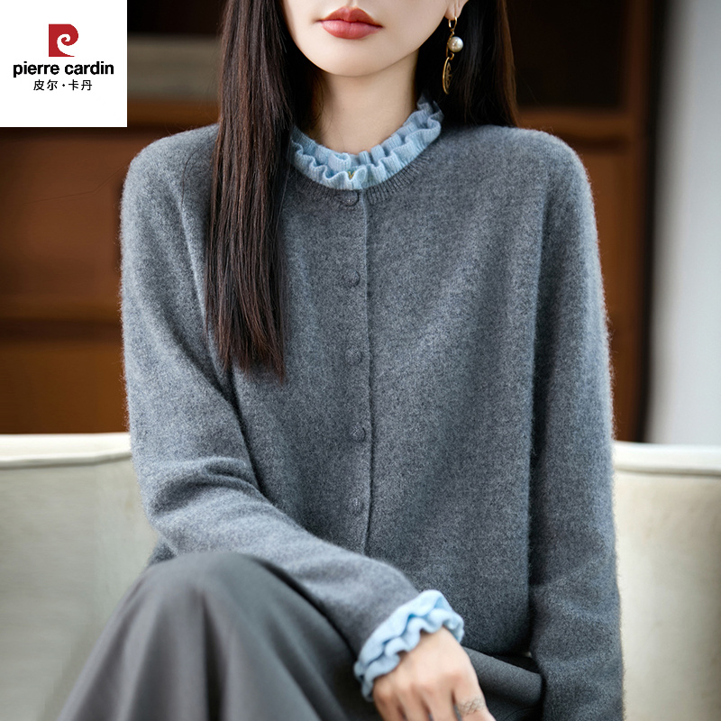 皮尔卡丹早秋100纯羊毛撞色针织开衫外套女2025新款春秋洋气大码