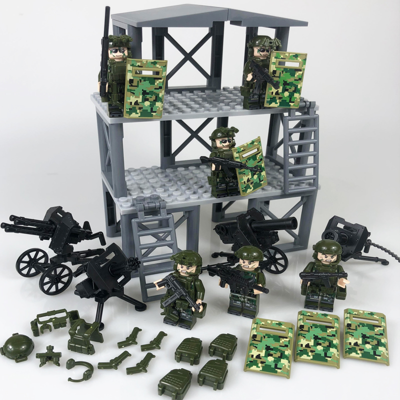 军事基地士兵人仔积木瞭望塔哨岗套装男孩子益智拼装炫酷玩具礼物