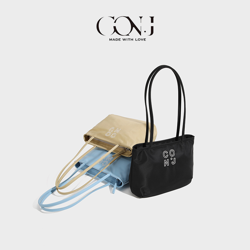 CON.J【小蛮腰】韩版夏季纯色ins简约休闲刺绣拉链小众布包单肩包